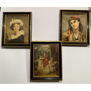 Vintage Lot of 3 Art Prints On Silk‎ Master Paintings Framed Gypsy Girl Children